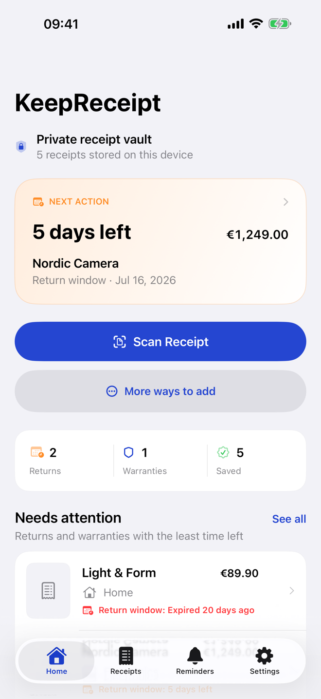 KeepReceipt Home showing a private receipt vault and an upcoming return deadline
