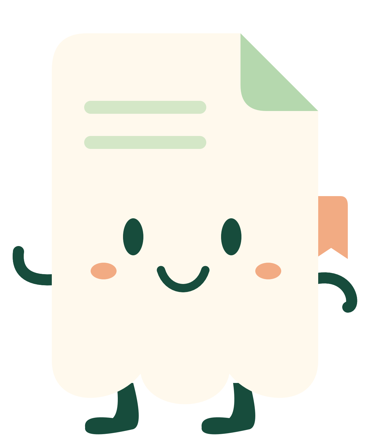 Keeper, a smiling folded-paper receipt with a green corner and an apricot bookmark.
