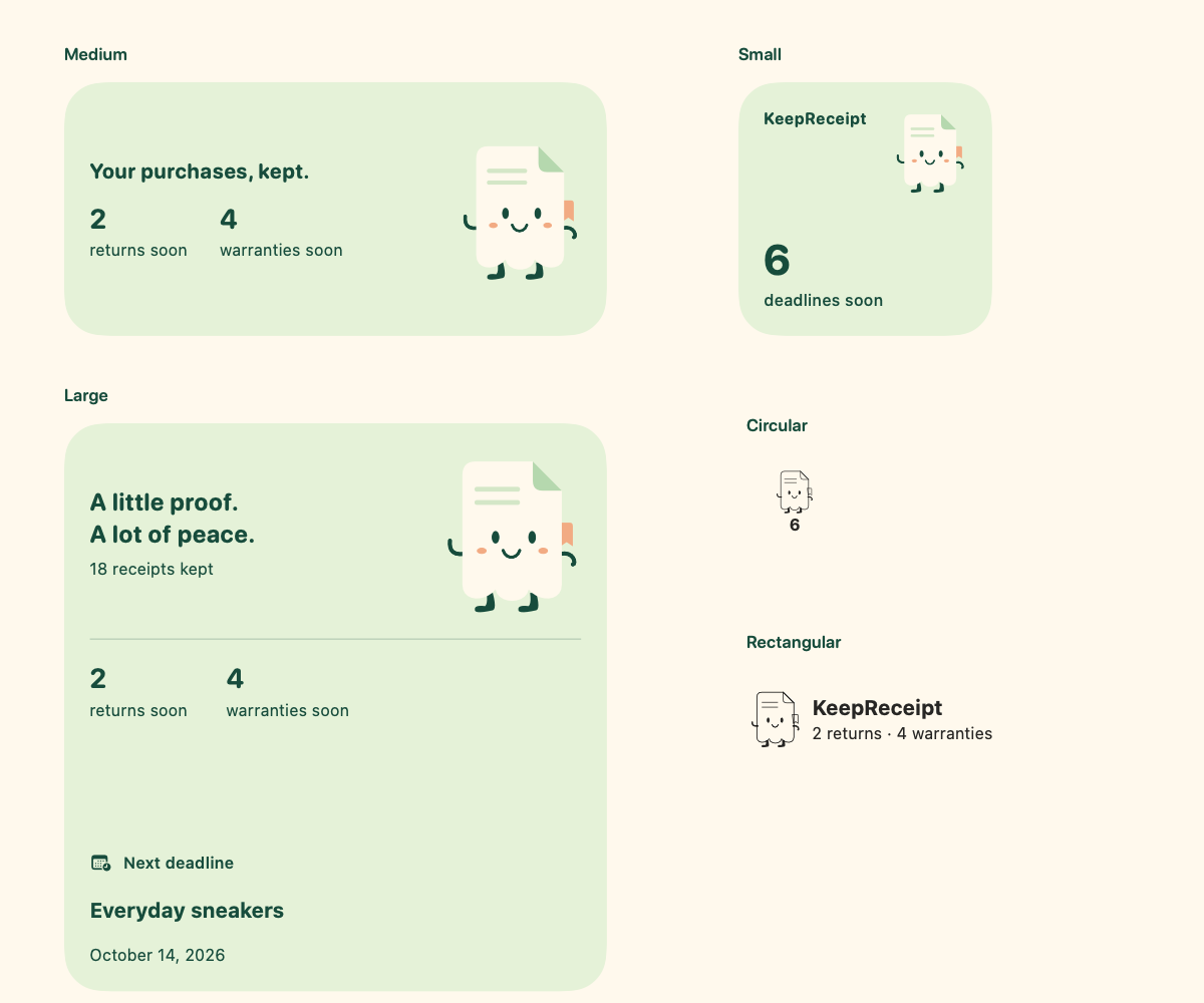 KeepReceipt small, medium and large widget layouts with Keeper and sample deadline counts.