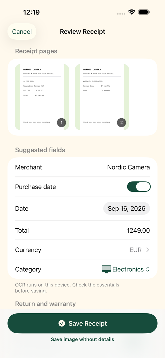 KeepReceipt scan review showing editable merchant, amount and purchase details before saving.