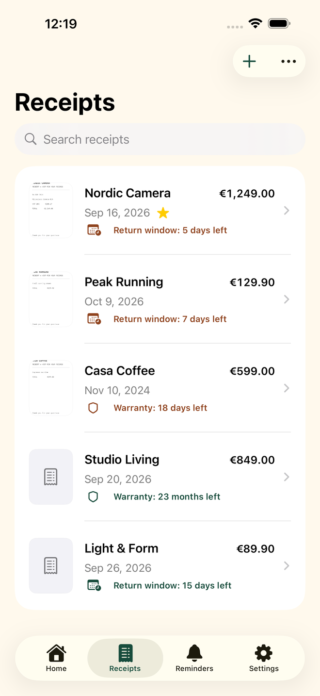 KeepReceipt library with search, categories, purchase amounts and saved receipts.