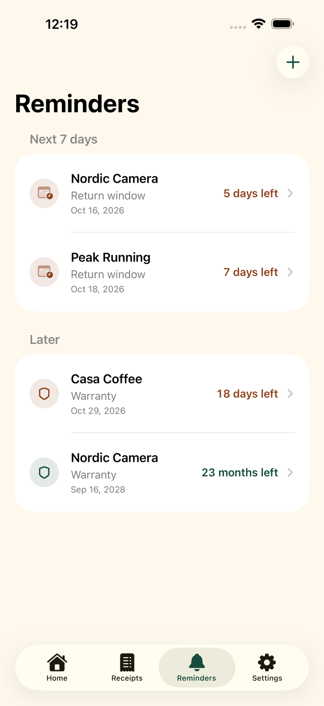 KeepReceipt return and warranty reminders grouped by upcoming dates.